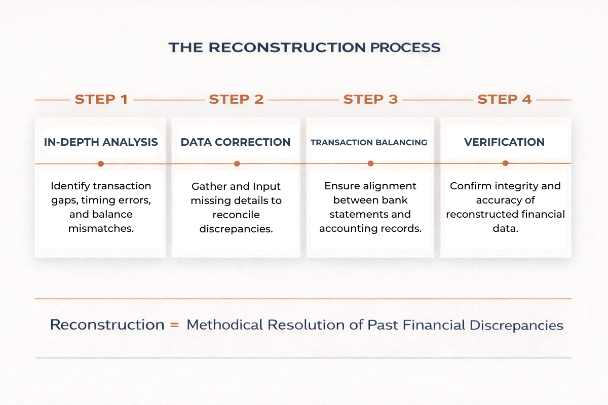 Balanex reconstruction process timeline showing steps to verify beginning balances, pull official bank statements, audit automation rules, reconcile month by month, close periods, and deliver verified financials