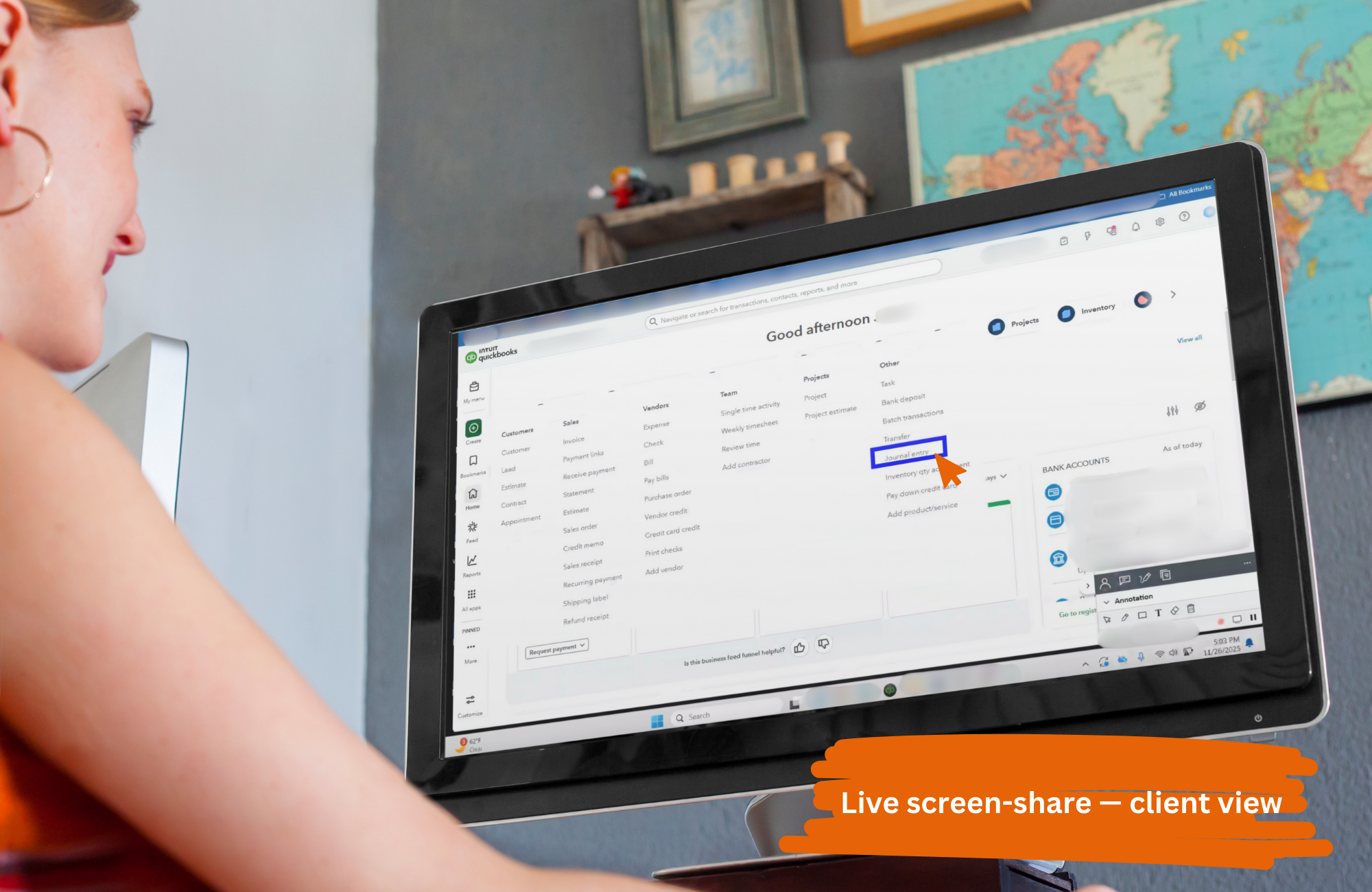 LiveHelp™ live screen-share — client view in QuickBooks